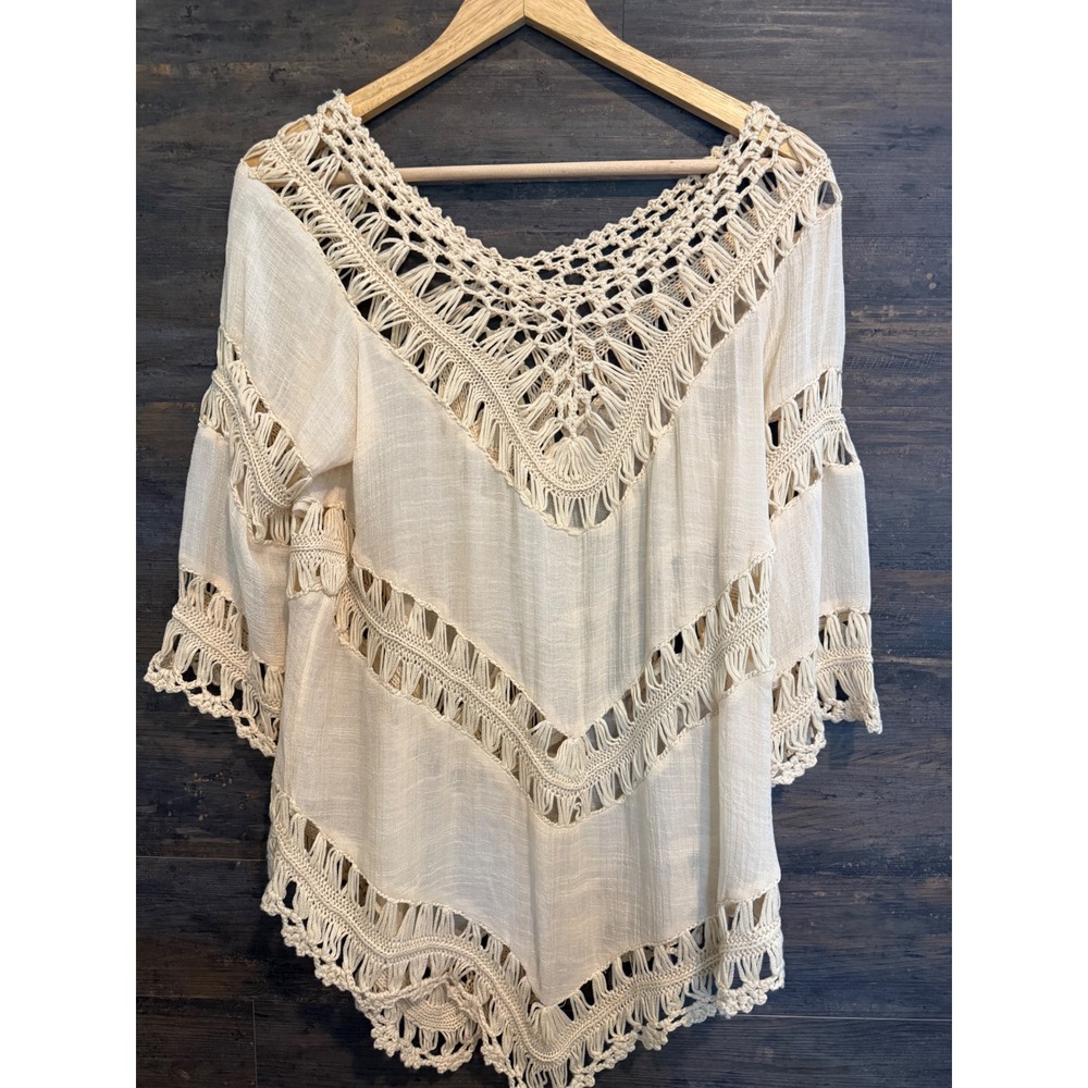 Cream Crochet Knit Boho Tunic Top Three Quarter Sleeve Macrame Trim Festival SML - Picture 1 of 4